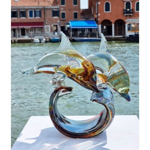 Two Dolphins - Sculpture in chalcedony - Original Murano glass OMG