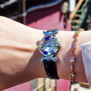 Wristwatch Millefiori - Black strap metal chrome case - Original Murano glass  OMG