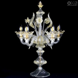 Table Lamp Flambeau - Gold and Crystal Floral - Murano Glass - 5 light