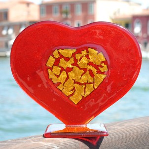 Heart Love - Red glass with pure gold - Original Murano Glass Omg