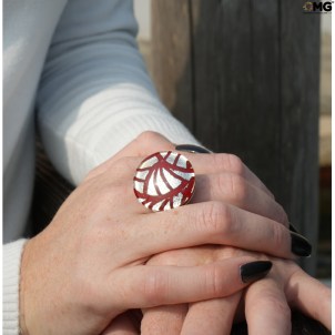 Ring Charming round - red and silver leaf - Original Murano Glass OMG