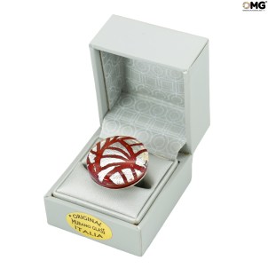 Ring Charming round - red and silver leaf - Original Murano Glass OMG